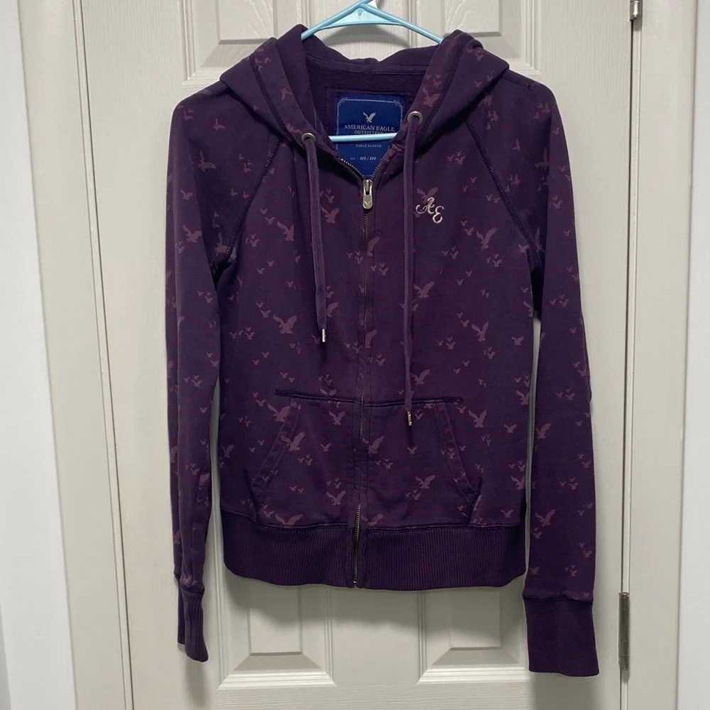 American Eagle Purple Hoodie with Bird Print - Picture 1 of 4